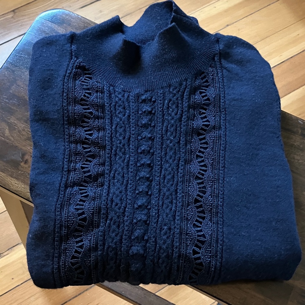 Sezane Navy Blue Lace-Panel Knit Sweater - Picture 6 of 9